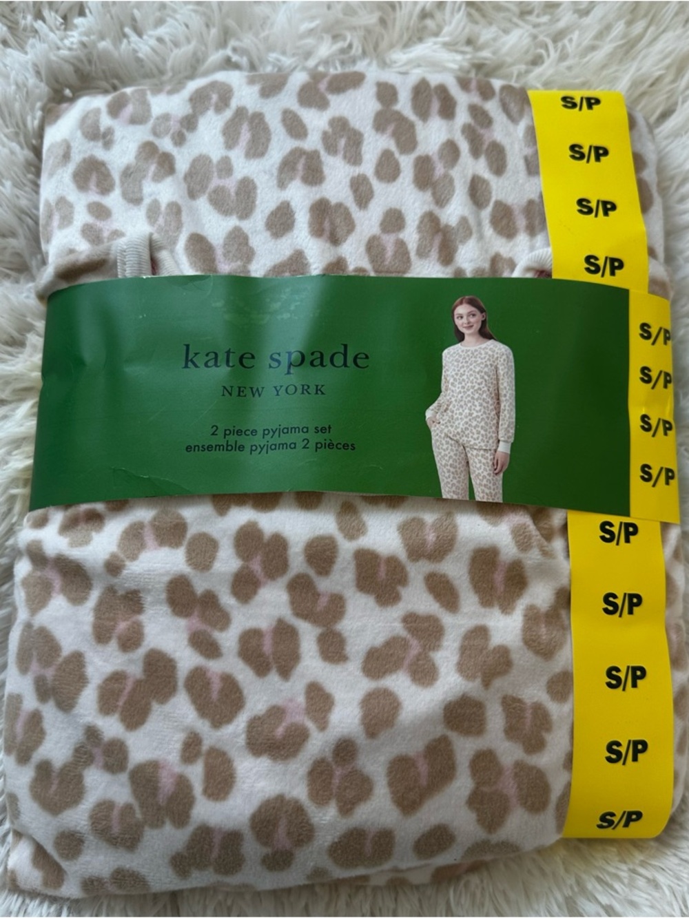 KATE SPADE Cream Brown Leopard Print 2 Piece Pajama Set Small Petite NWT